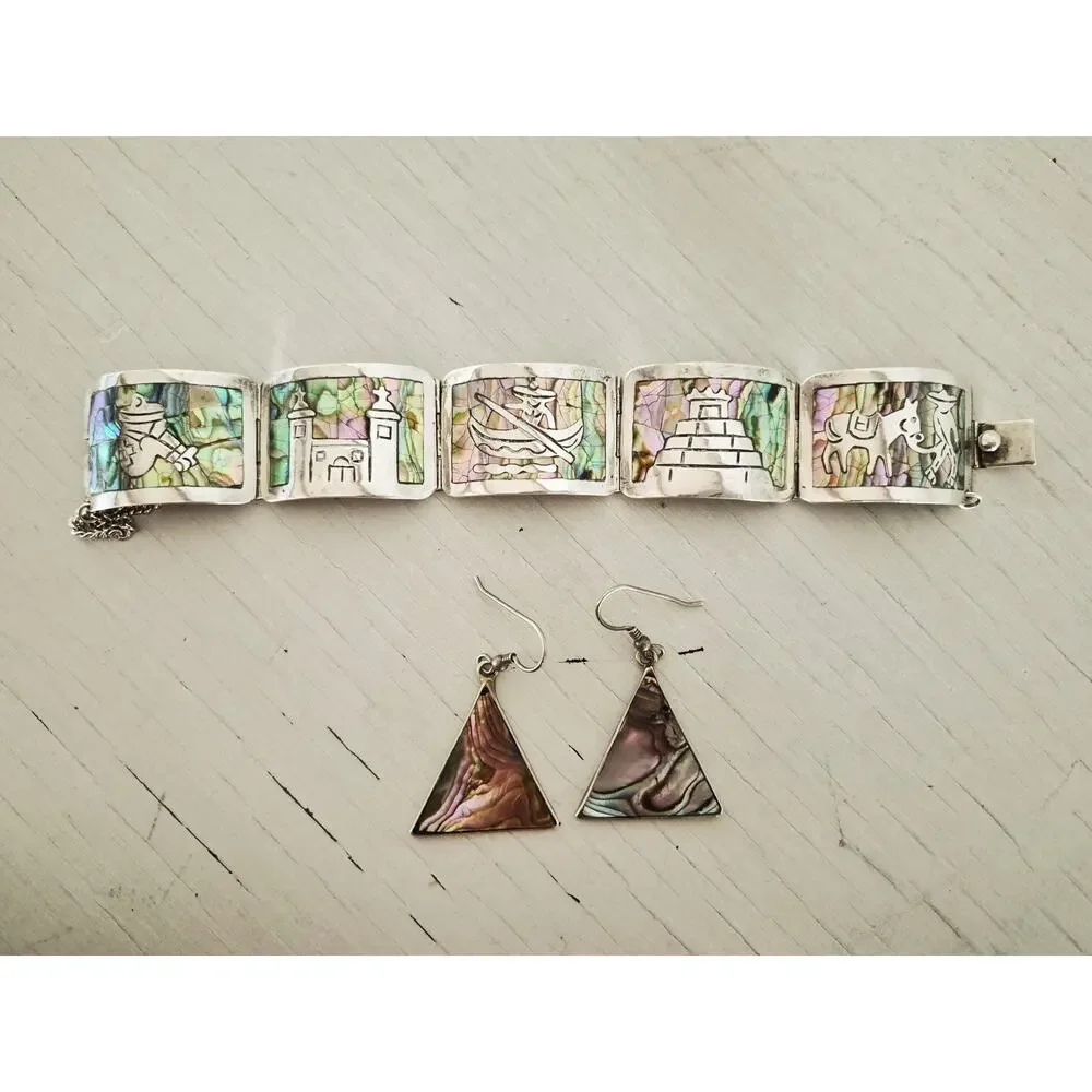 Vintage Sterling Silver Abalone Storyteller Panel Bracelet and Earring Set